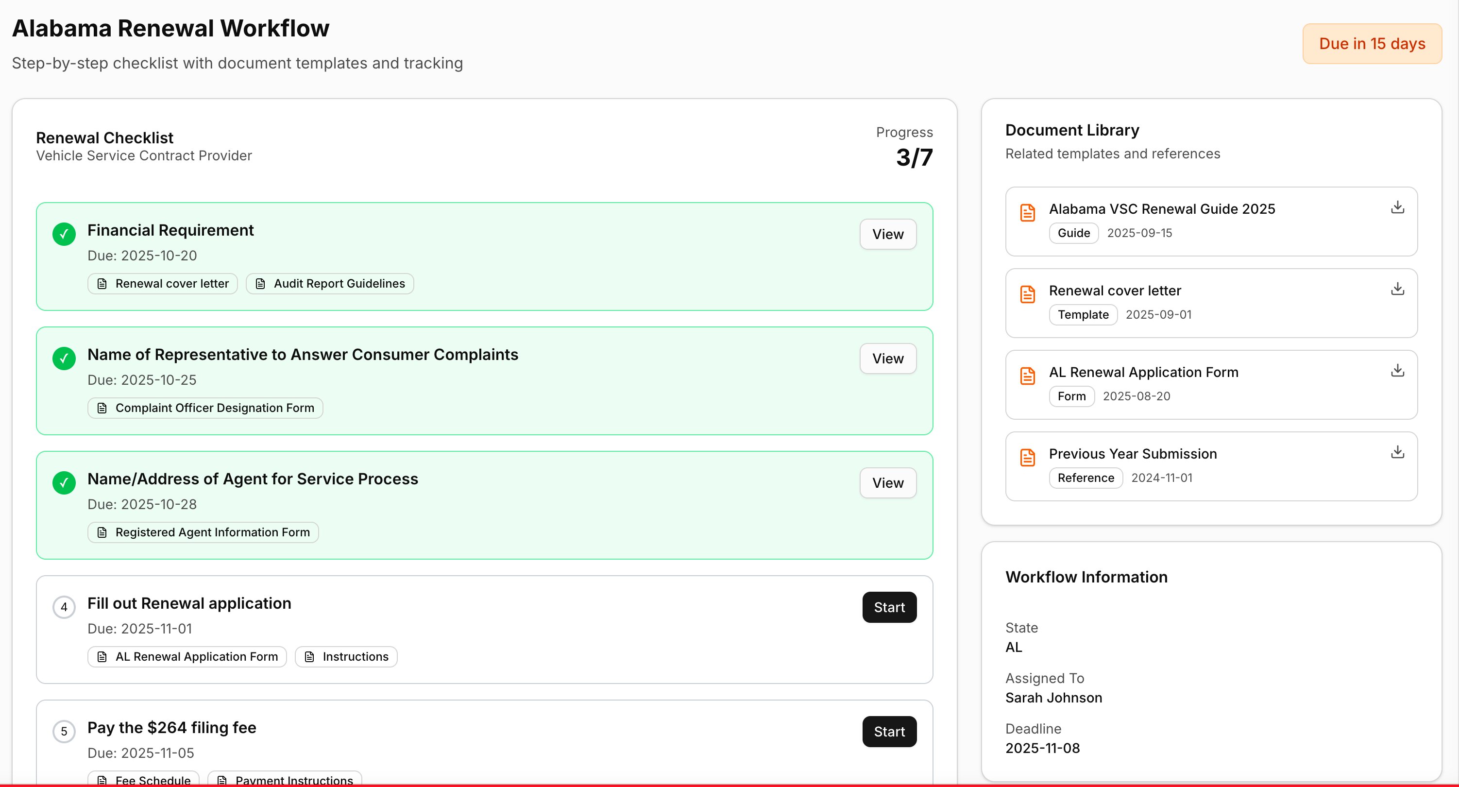 Workflow and task management interface showing structured compliance processes and document tracking